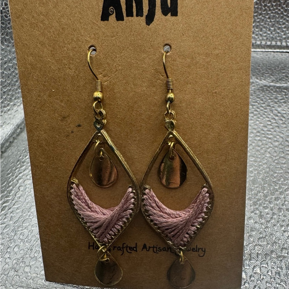 Anju Sachi Collection  "Mauve Colored Woven Cotton Fiber Marquise Drop Earrings"